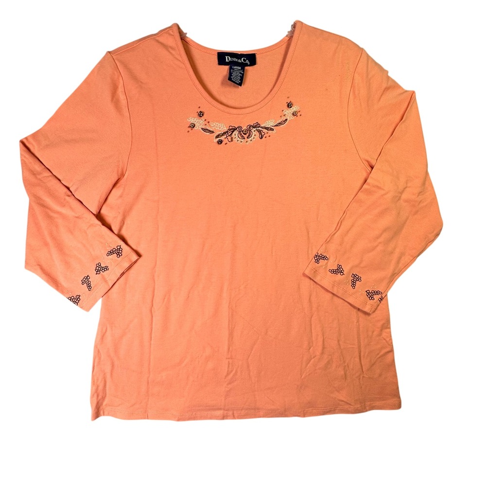 Denim & Co Embroidered Beaded 3/4 Sleeve Top Large Peach Grandmacore Floral